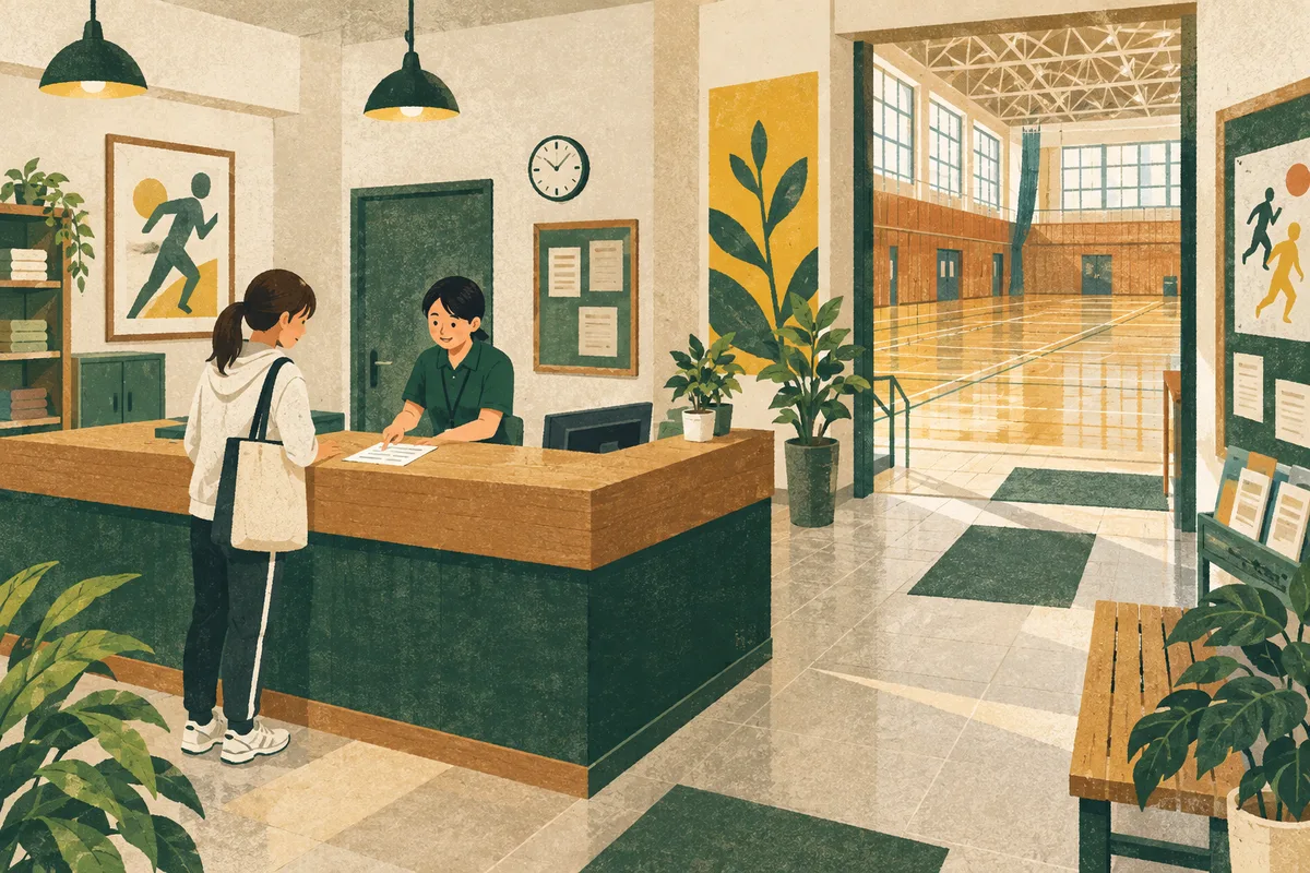 体育館の受付で利用案内を確認する来館者のイラスト